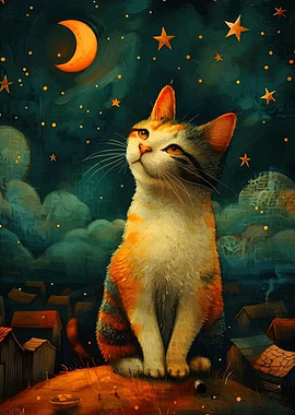 Calico Cat Gazing at the Moon