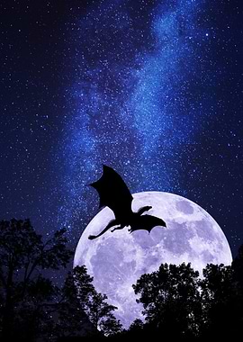 Dragon silhouette against moon and stars