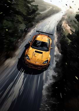 Yellow Race Car on Winding Road