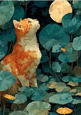 Cat Gazing at Moon in Lily Pond