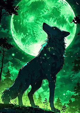 Wolf Howling at Green Moon