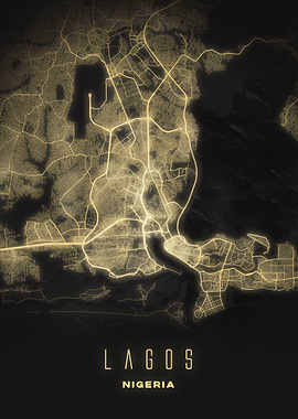 Lagos, Nigeria - Illuminated Streets Wall Poster, Contemporary City Night Art