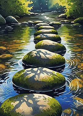 Stepping Stones in Stream Watercolor