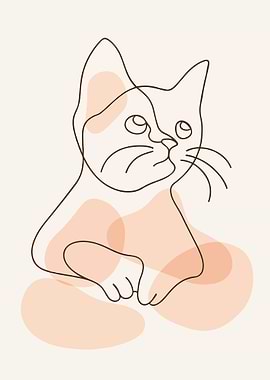 Minimalist Cat Line Art : Boho Minimalist Sketch with Pastel Shapes