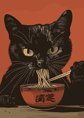 Black Cat Eating Ramen Noodles