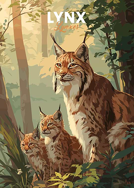 Lynx Family in Forest