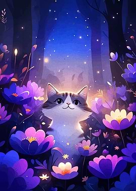 Cat in a magical flower garden