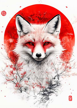 Fox with Red Moon and Blossoms