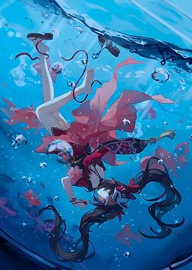 Girl Underwater with Goldfish