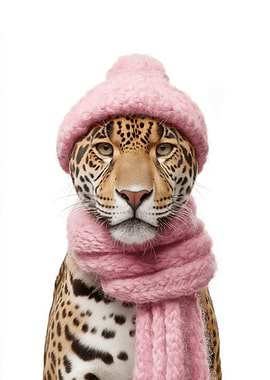 Jaguar in Pink Hat and Scarf