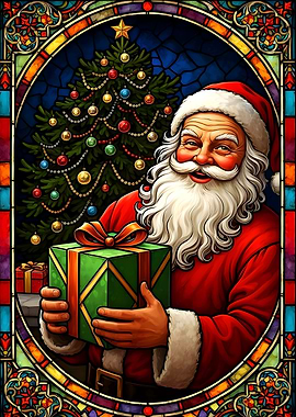 Santa Claus with Christmas Gift Stained Glass Art