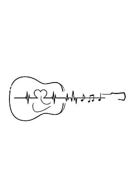 Guitar Heartbeat Music Notes Line Art