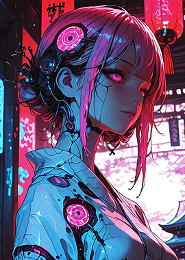 Cyberpunk Geisha with Neon Accents