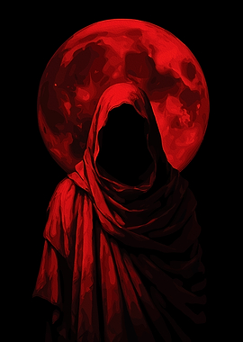 Red Hooded Figure with Blood Moon