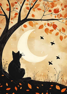 Black Cat Moon Autumn Leaves