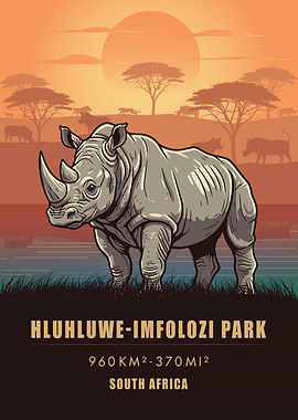 Vintage Hluhluwe-Imfolozi Rhino Poster , South Africa Big Five Art , Retro Wildlife Print