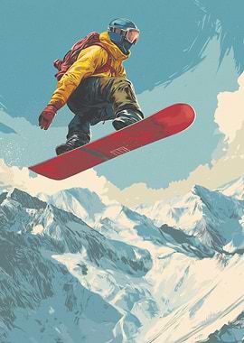 Snowboarder in Action over Mountain Range