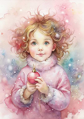 Watercolor Girl with Christmas Ornament