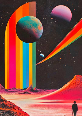 Retro Space Landscape with Rainbows