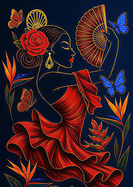 Flamenco Dancer with Fan and Butterflies