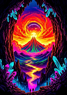 Psychedelic Landscape with Crystals and Figures