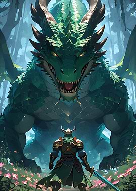 Knight facing giant green dragon