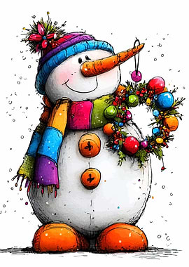 Festive Snowman with Colorful Wreath