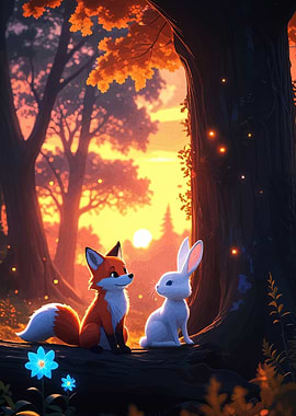 Fox and Rabbit in Forest