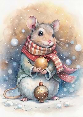 Watercolor Mouse with Christmas Ornaments