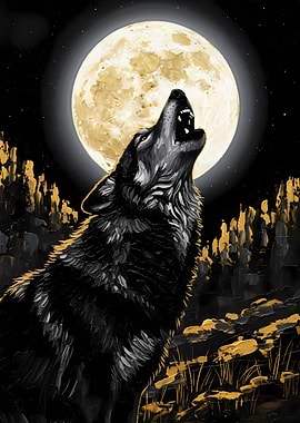 Wolf Howling at the Moon Painting