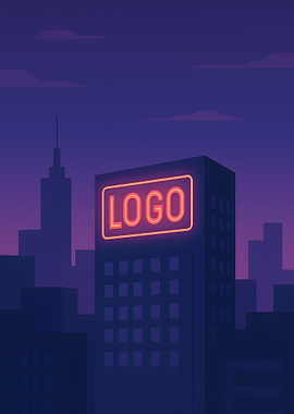 Neon Logo Building at Night