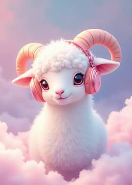 Cute Sheep with Headphones in Clouds