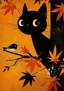 Black Cat and Bird in Autumn