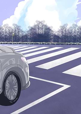 Car on Crosswalk with Winter Trees