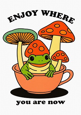 Frog in Teacup with Mushrooms