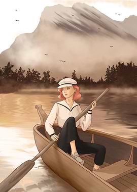 Woman Rowing Boat on Misty Lake