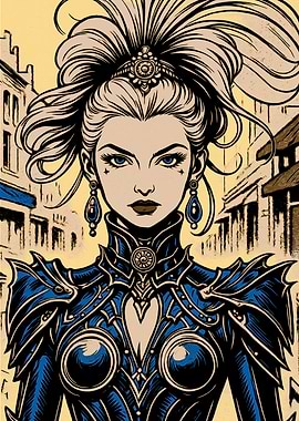 Blue Armored Woman in Cityscape