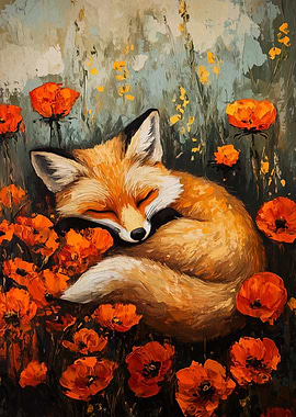 Sleeping Fox in Poppy Field Painting
