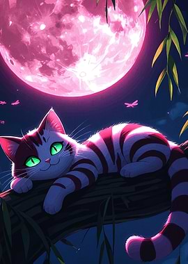 Striped Cat on Branch with Moon