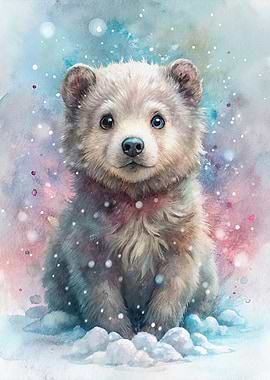 Watercolor Bear Cub in Snow