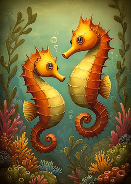 Two Seahorses in Ocean Scene