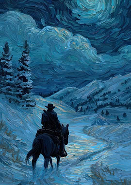 Cowboy on Horseback in Snowy Landscape