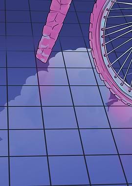Pink Bicycle on Grid with Clouds