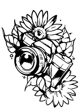 Camera and Sunflowers Black and White