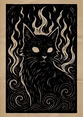 Black Cat Surrounded by Flames