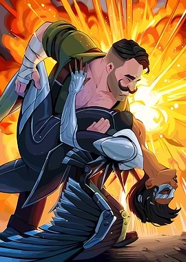 Man carrying woman in explosion art