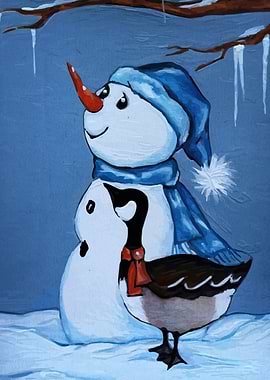 Snowman and Goose Winter Painting