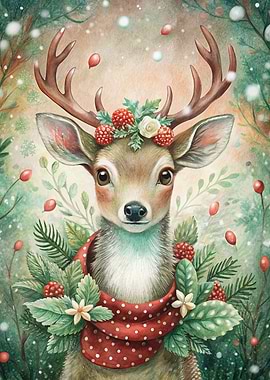Watercolor Deer with Berries and Scarf