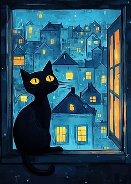 Black Cat Gazing at Cityscape