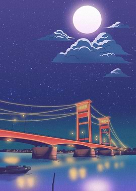 Night Bridge Scene with Moon